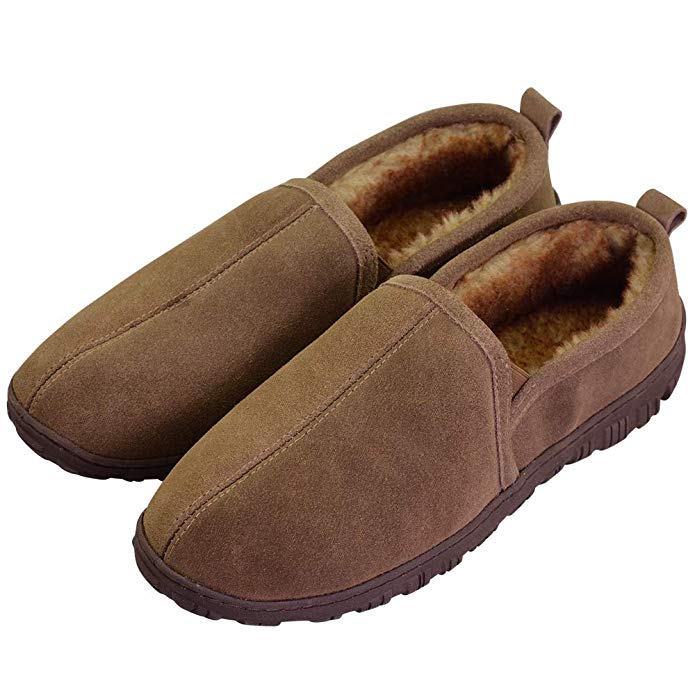 Men's Soft Thick Plush Lining Genuine Cowhide Indoor Outdoor Moccasin Loafers (FBA)