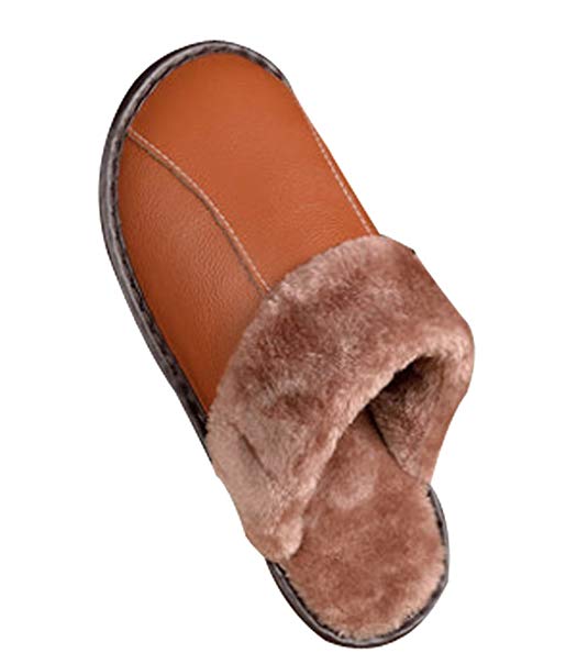 Cattior Mens Fur Lined Winter Warm Leather Slippers Fluffy Slippers