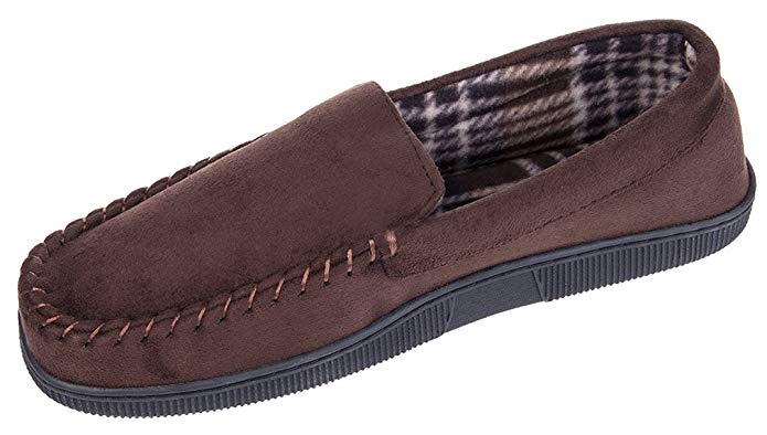 Festooning Men's Moccasin Slippers Memory Foam Microsuede Slip-on Hardsole Flats Shoes Indoor/Outdoor BrownL