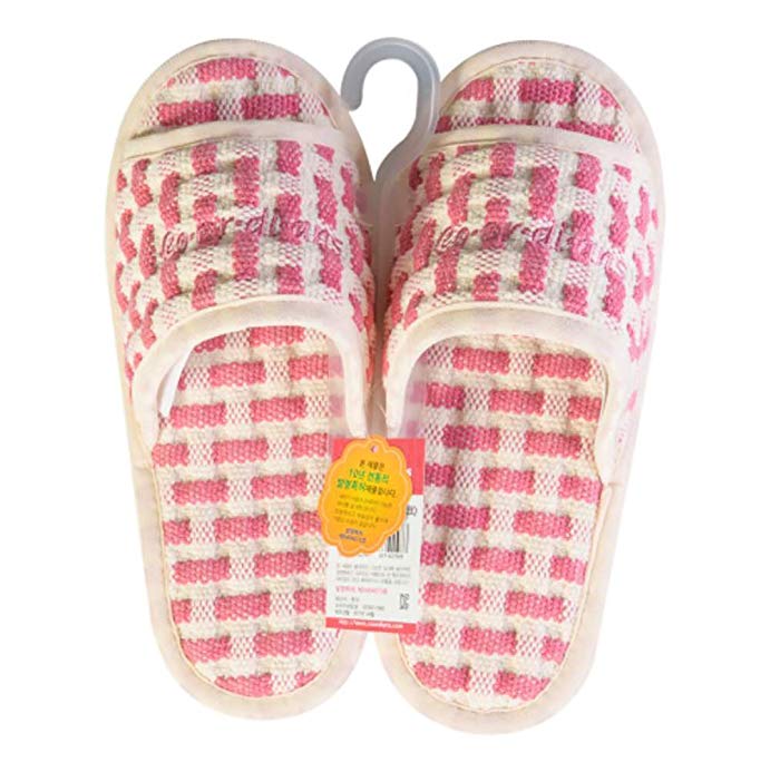 Hygienic Non Slip Washable Indoor Slippers (2 Pairs) - 100% Cotton, Light and Soft, Open Toe & Unisex, Made in Korea (Checkered Pink)