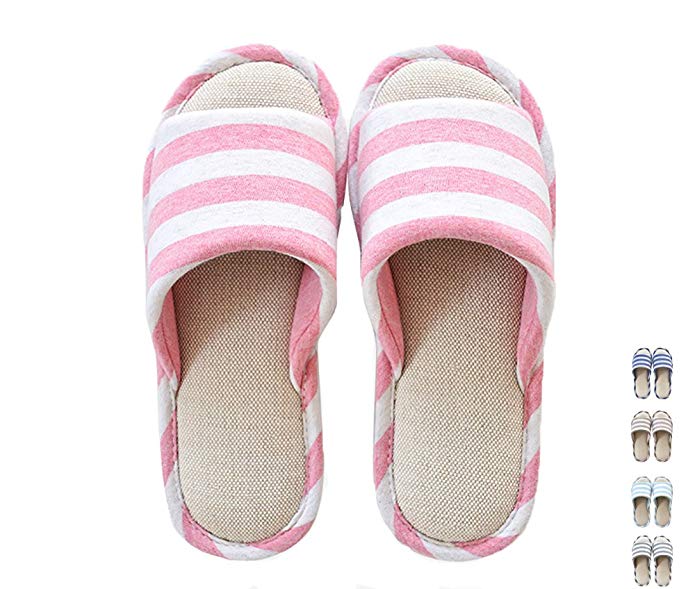 MAGILONA Women Mens Kids Cotton Open-Toe Home Slippers Indoor Shoes Stripe Casual Flax Soft Non-Slip Sole Shoes (29-31(6-8Years), Pink#5)