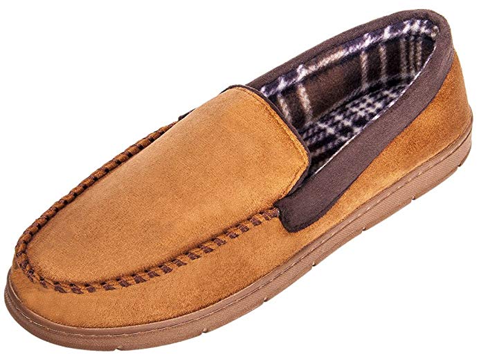 Festooning Men's Moccasin Slippers Memory Foam Microsuede Slip-on Hardsole Flats Shoes Indoor/Outdoor