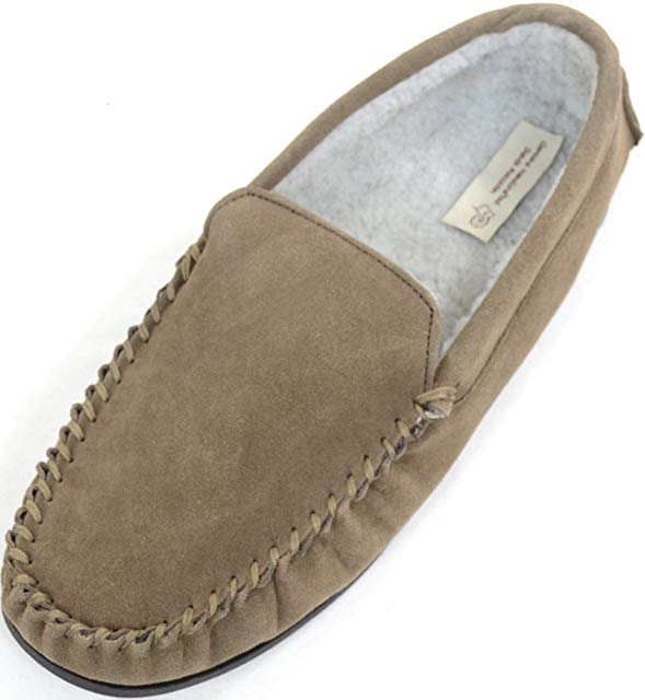 SNUGRUGS Mens Berber Fleece Lined Moccasin Slipper with Non-Slip Rubber Sole