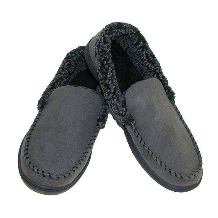 Dearfoams Men's Microsuede Moccasin Slippers with Memory Foam, XLarge, Pavement