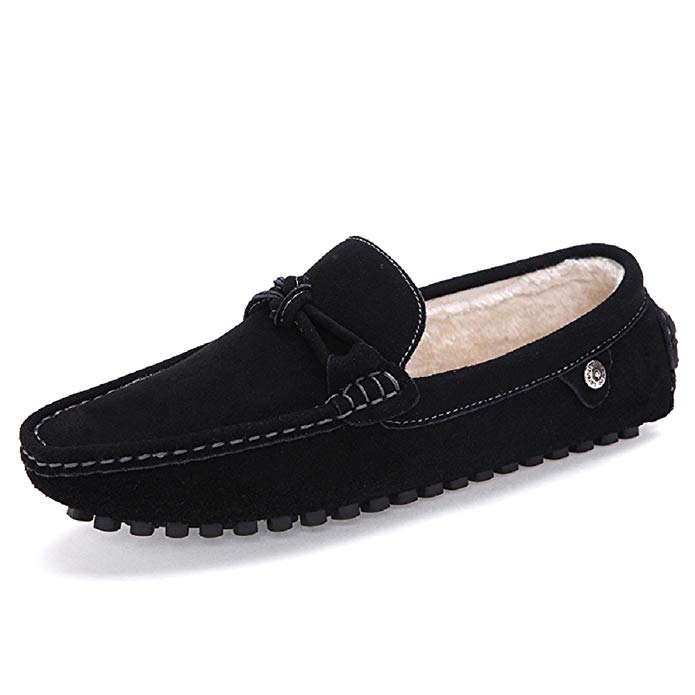 Meeshine Men's Suede Faux Fur Slippers Slip On Moccasins Loafers Flat Shoes