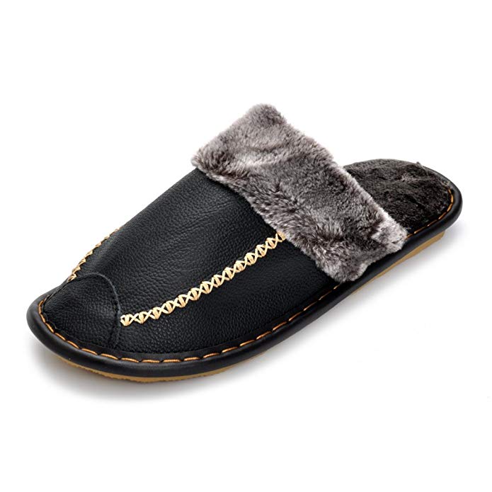 MK MATT KEELY Men Soft Warm Winter Slippers Fur Leather Shoes Slip-Resistant Indoor Outdoor Slippers