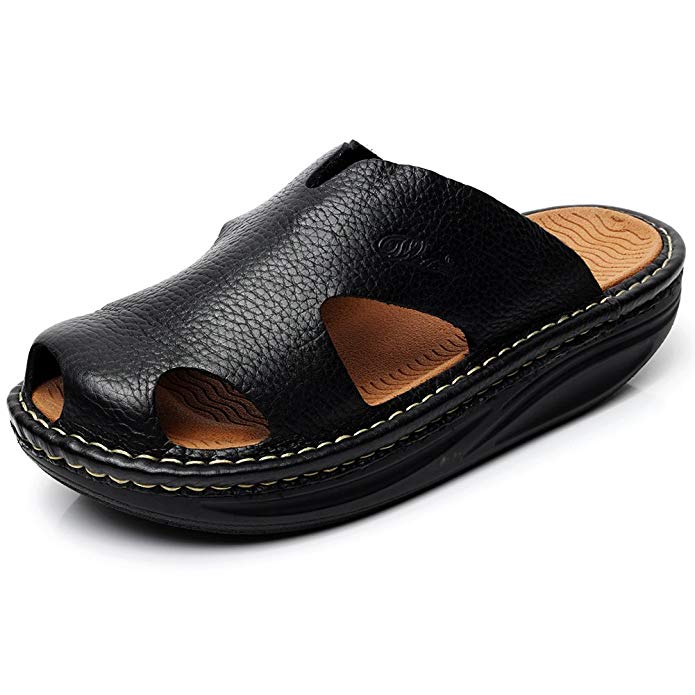 rismart Men's High-End Genuine Leather Sandal Slippers Comfort Platform Clogs&Mules