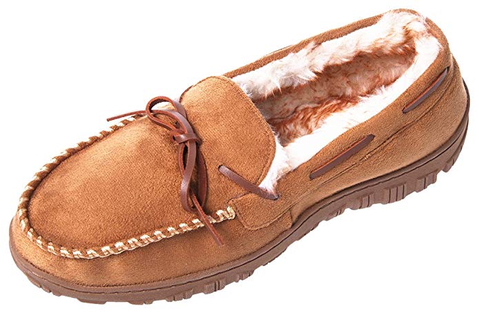 CareBey Men's Winter Comfortable Warm Moccasins Slippers with Anti Slip Rubber Sole Loafers Shoes