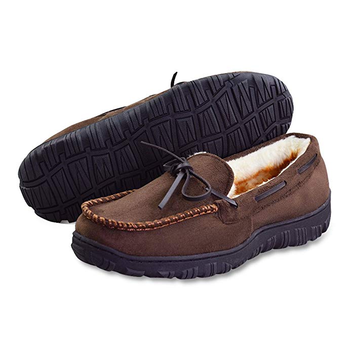 LA PLAGE Mens Slippers Indoor/Outdoor Plush Lining Moccasin Microsuede Slip On House Shoes