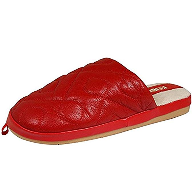 KENROL Warm Cozy Genuine Sheepskin Leather Slippers Memory Foam Home Indoor Bedroom Slip on Shoes (8-8.5, Red (for Women))