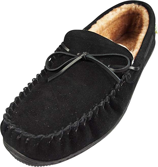 NORTY Mens Genuine Leather Cowhide Suede Slippers - Moccasin Slip On Loafer - Lux Plush Fur Lining