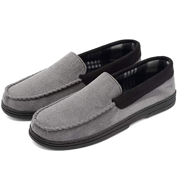 CIOR Fantiny Men's Casual Memory Foam Pile Lined Slip On Moccasin Flats Slippers Micro Suede Indoor Outdoor Rubber Sole