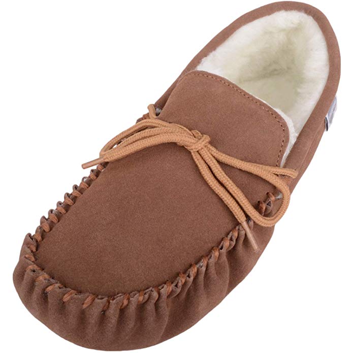 SNUGRUGS Men's Suede Sheepskin Moccasin Slippers With Soft Sole