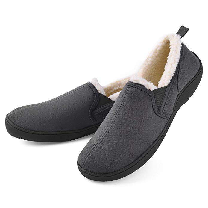 Men Comfort Cozy Moccasin Slippers Wool-Like Plush Fleece Lined Slippers Memory Foam Anti-Slip Indoor/Outdoor House Shoes