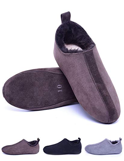 Men's Sheepskin Slippers with Soft Leather Sole,Shearling House Shoes,Slip on Indoor Slippers for House/Office/Drive