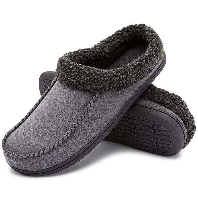 ULTRAIDEAS Men's Comfort Suede Fabric Memory Foam Fluffy Fleece Lined Slippers Non Skid House Shoes W/Wool-Like Collar