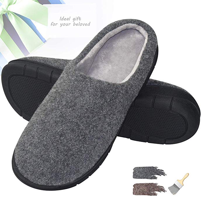 YOUKADA House Slippers for Men with Memory Foam, Felt Sandal Breathable, Nonslip Fuzzy Slip on Shoes with Hard Rubber Sole Indoor&Outdoor