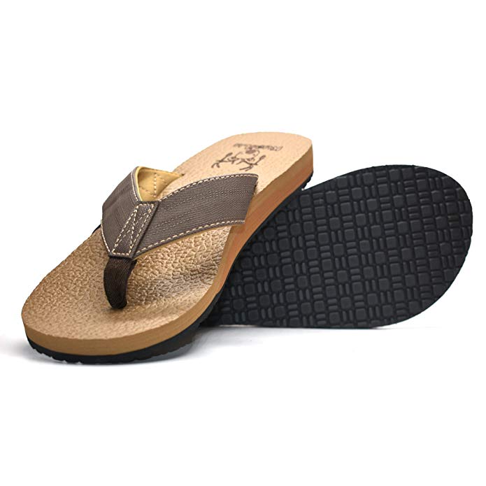 KuaiLu Men's Yoga Mat Leather Flip Flops Thong Sandals with Arch Support