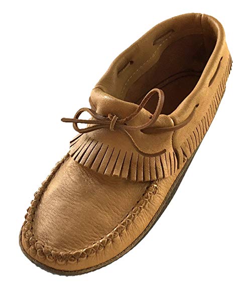 Bastien Industries Men's Fringe Moose Hide Leather With Heavy Oil Tan Sole EARTHING Ankle Moccasins