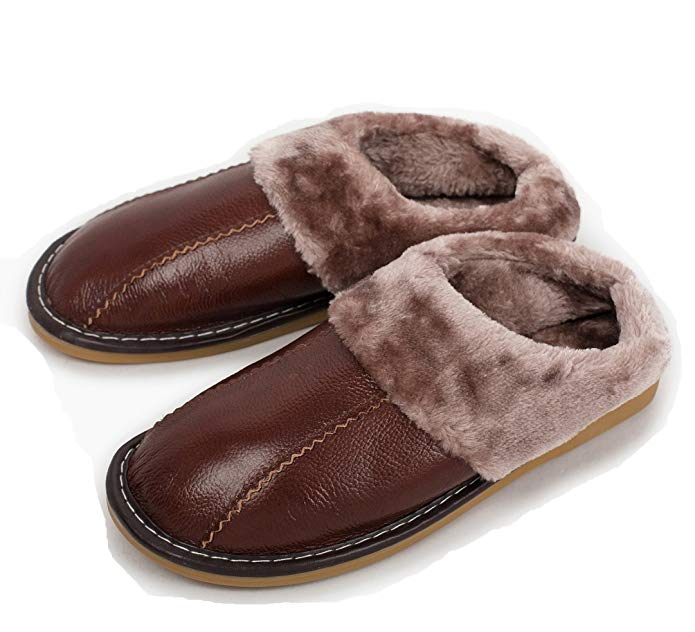 Haisum Men Comfortable Leather Slippers Plush Lining Slip-On House Shoes Non-Slip Bedroom Slippers