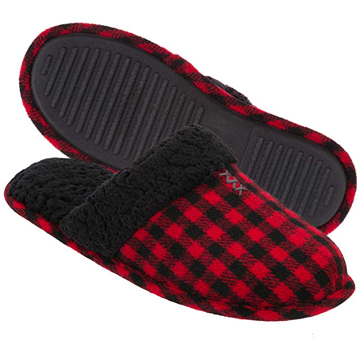 Dearfoams Men’s Holiday Plaid Print Closed Toe Scuff Slipper - Padded Slip-Ons with Memory Foam Insole and Rubber Sole