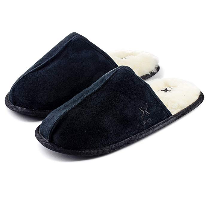 Roxoni Mens Suede Look Sheepskin Lined Slippers; Ideal Winter Scuff House Shoes for Indoor and Outdoor