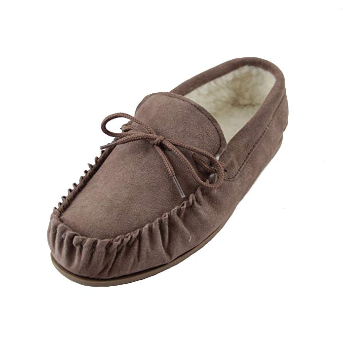 Deluxe Mens Sheepskin Wool Moccasin Slippers with Hard Sole - Suede Upper