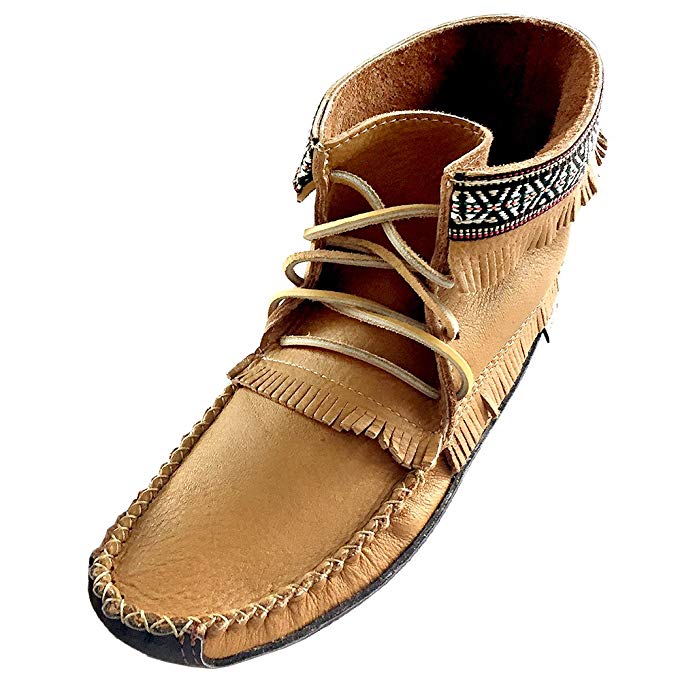 Laurentian Chief Men's Fringe and Braid Apache Earthing Grouding Moosehide Cork Leather Sole Moccasins