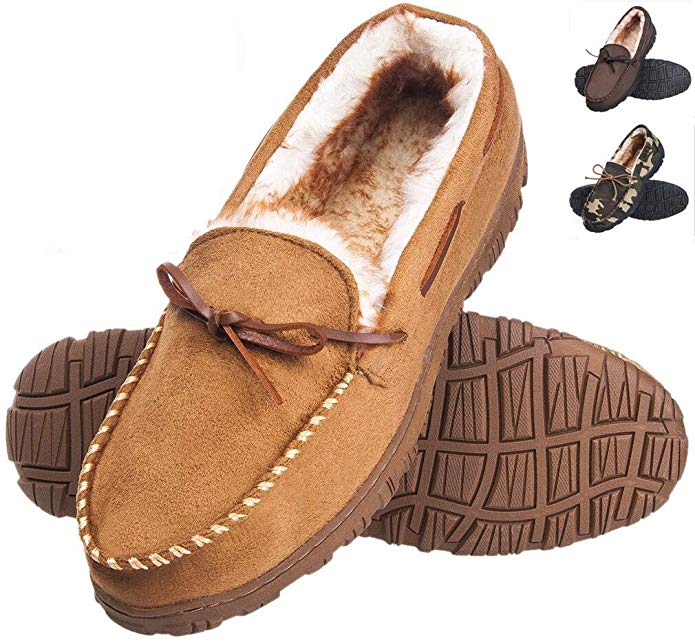 Festooning Moccasin House Slippers for Men Thick Plush Lined Memory Foam Anti-Slip Sole Casual Shoes Indoor Outdoor