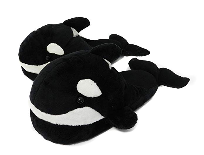 Friendly House Women's Fluffy Novelty Animal Slippers, Black Whales